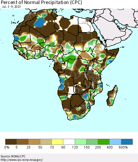 Africa Percent of Normal Precipitation (CPC) Thematic Map For 7/3/2023 - 7/9/2023