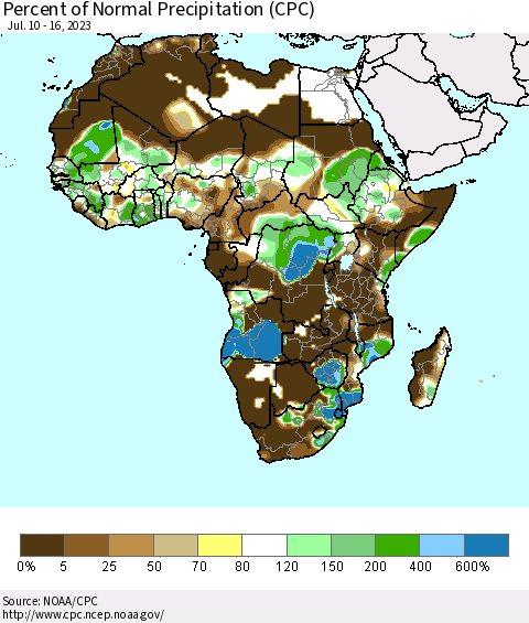 Africa Percent of Normal Precipitation (CPC) Thematic Map For 7/10/2023 - 7/16/2023