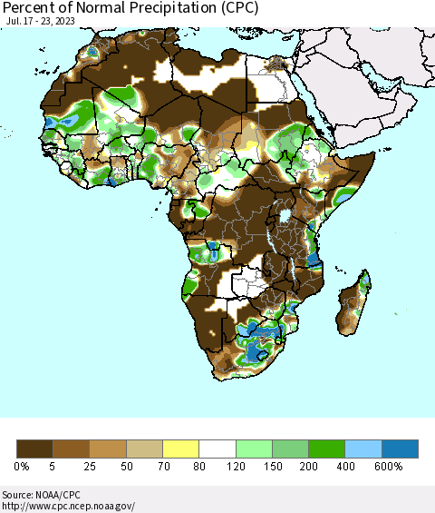 Africa Percent of Normal Precipitation (CPC) Thematic Map For 7/17/2023 - 7/23/2023