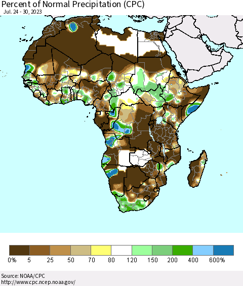 Africa Percent of Normal Precipitation (CPC) Thematic Map For 7/24/2023 - 7/30/2023