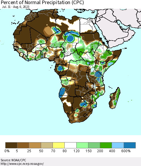 Africa Percent of Normal Precipitation (CPC) Thematic Map For 7/31/2023 - 8/6/2023