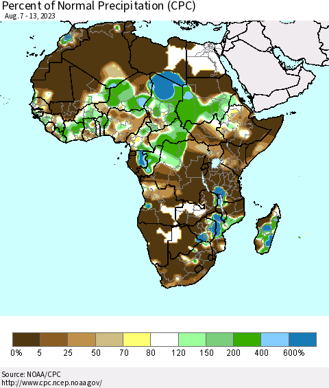 Africa Percent of Normal Precipitation (CPC) Thematic Map For 8/7/2023 - 8/13/2023