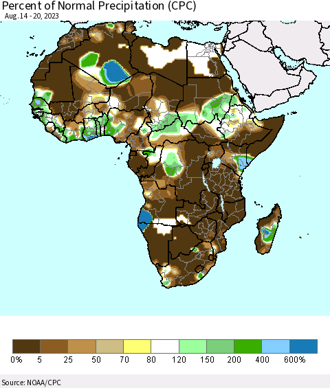 Africa Percent of Normal Precipitation (CPC) Thematic Map For 8/14/2023 - 8/20/2023