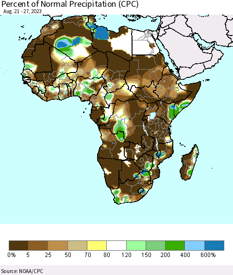 Africa Percent of Normal Precipitation (CPC) Thematic Map For 8/21/2023 - 8/27/2023