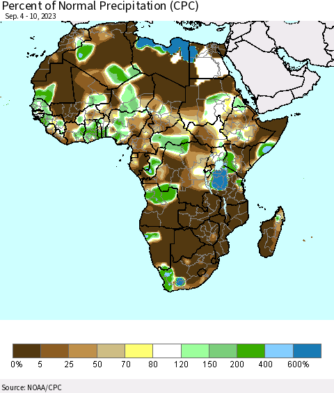 Africa Percent of Normal Precipitation (CPC) Thematic Map For 9/4/2023 - 9/10/2023