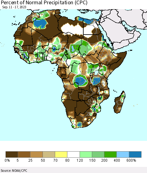 Africa Percent of Normal Precipitation (CPC) Thematic Map For 9/11/2023 - 9/17/2023