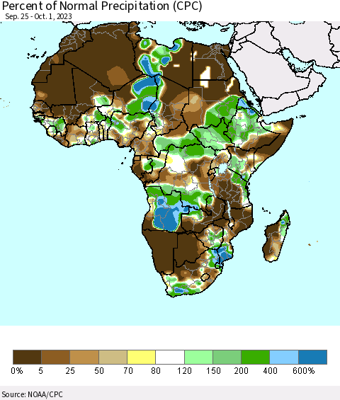 Africa Percent of Normal Precipitation (CPC) Thematic Map For 9/25/2023 - 10/1/2023