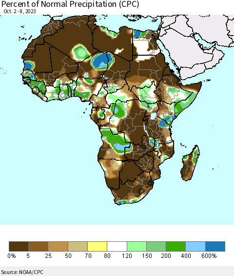Africa Percent of Normal Precipitation (CPC) Thematic Map For 10/2/2023 - 10/8/2023