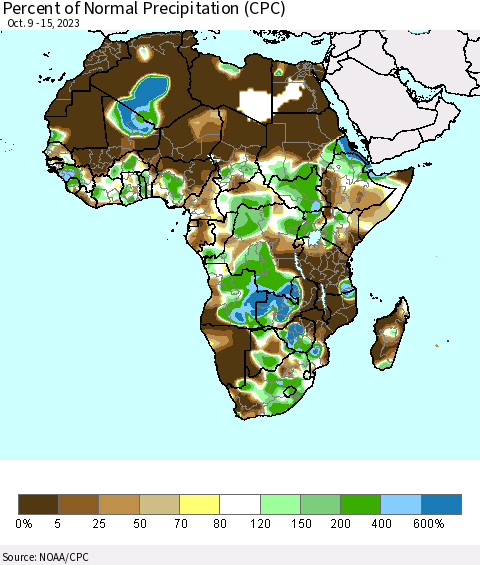 Africa Percent of Normal Precipitation (CPC) Thematic Map For 10/9/2023 - 10/15/2023