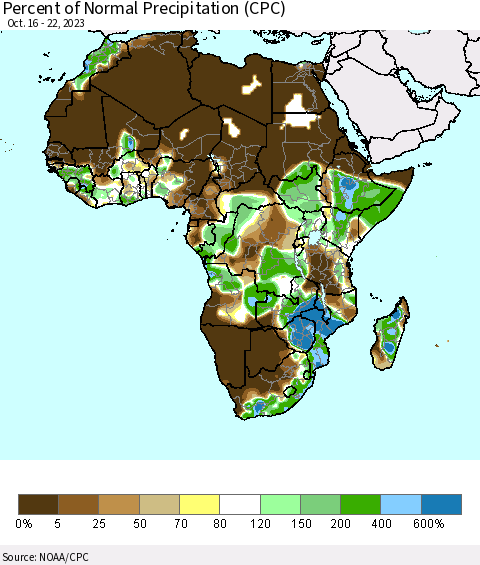 Africa Percent of Normal Precipitation (CPC) Thematic Map For 10/16/2023 - 10/22/2023