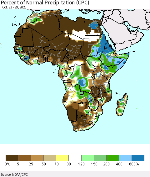Africa Percent of Normal Precipitation (CPC) Thematic Map For 10/23/2023 - 10/29/2023