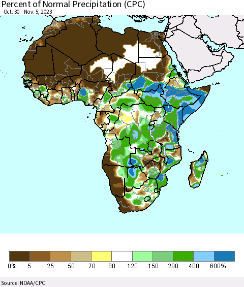 Africa Percent of Normal Precipitation (CPC) Thematic Map For 10/30/2023 - 11/5/2023