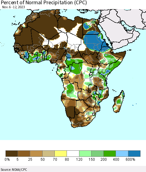 Africa Percent of Normal Precipitation (CPC) Thematic Map For 11/6/2023 - 11/12/2023