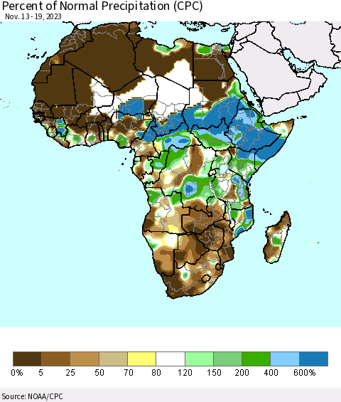 Africa Percent of Normal Precipitation (CPC) Thematic Map For 11/13/2023 - 11/19/2023