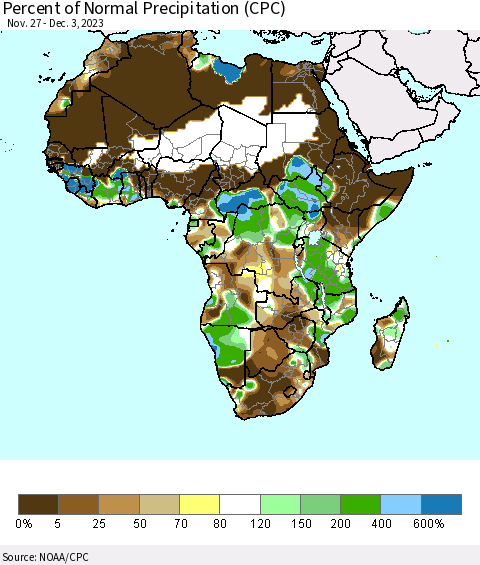Africa Percent of Normal Precipitation (CPC) Thematic Map For 11/27/2023 - 12/3/2023