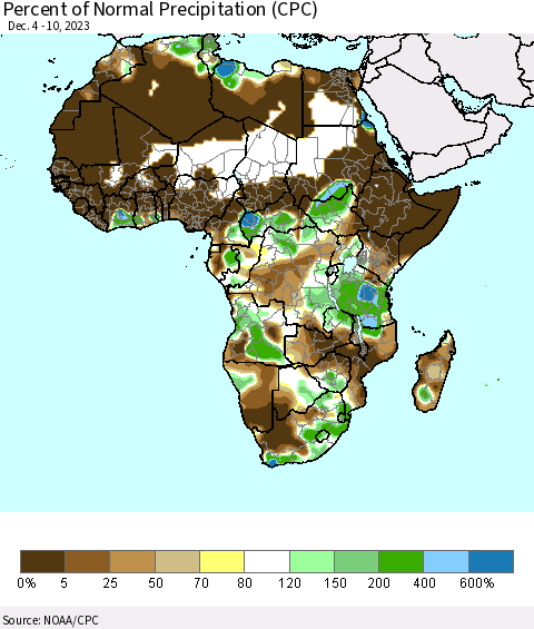 Africa Percent of Normal Precipitation (CPC) Thematic Map For 12/4/2023 - 12/10/2023