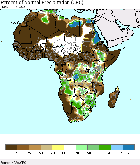 Africa Percent of Normal Precipitation (CPC) Thematic Map For 12/11/2023 - 12/17/2023