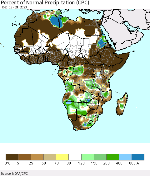 Africa Percent of Normal Precipitation (CPC) Thematic Map For 12/18/2023 - 12/24/2023