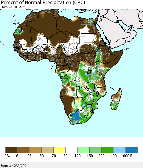 Africa Percent of Normal Precipitation (CPC) Thematic Map For 12/25/2023 - 12/31/2023