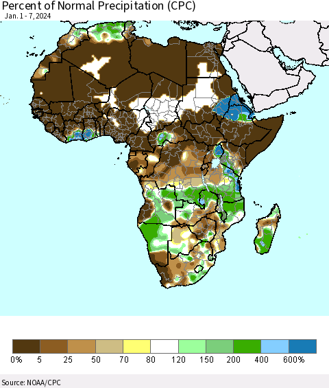 Africa Percent of Normal Precipitation (CPC) Thematic Map For 1/1/2024 - 1/7/2024