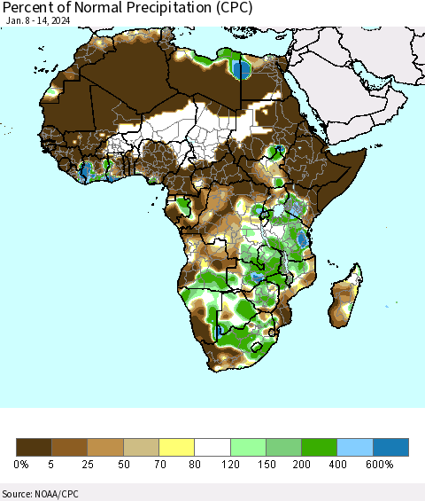 Africa Percent of Normal Precipitation (CPC) Thematic Map For 1/8/2024 - 1/14/2024