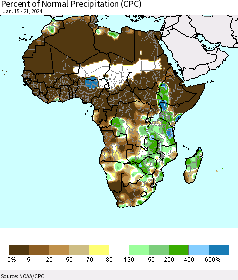 Africa Percent of Normal Precipitation (CPC) Thematic Map For 1/15/2024 - 1/21/2024