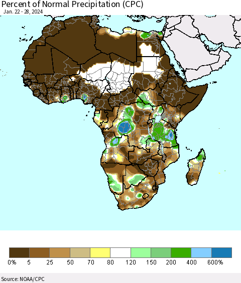 Africa Percent of Normal Precipitation (CPC) Thematic Map For 1/22/2024 - 1/28/2024