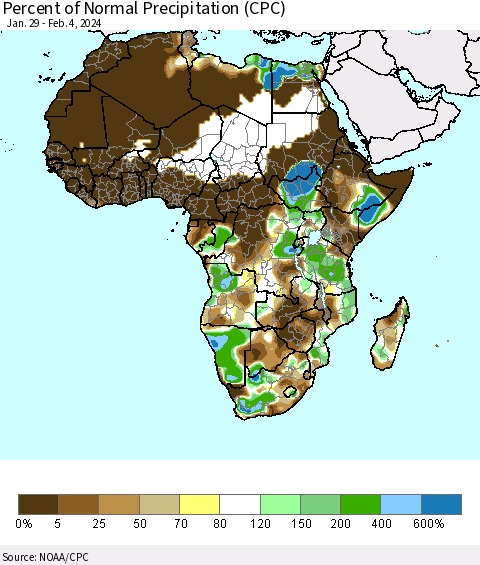 Africa Percent of Normal Precipitation (CPC) Thematic Map For 1/29/2024 - 2/4/2024