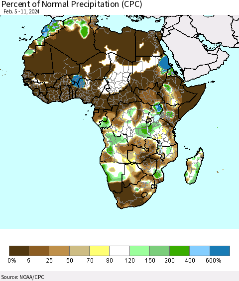 Africa Percent of Normal Precipitation (CPC) Thematic Map For 2/5/2024 - 2/11/2024