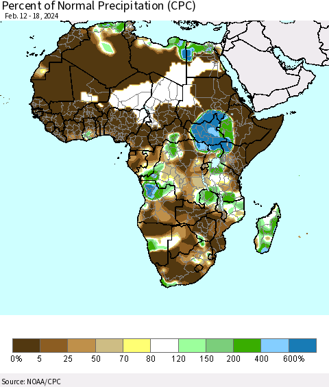 Africa Percent of Normal Precipitation (CPC) Thematic Map For 2/12/2024 - 2/18/2024