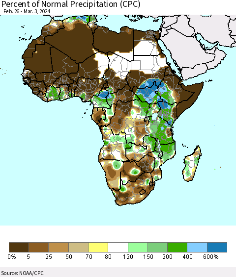 Africa Percent of Normal Precipitation (CPC) Thematic Map For 2/26/2024 - 3/3/2024