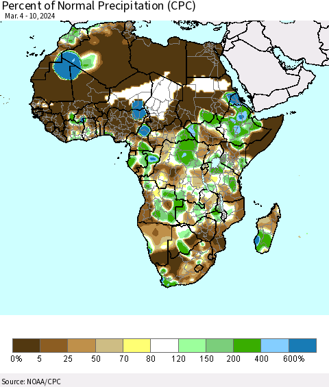 Africa Percent of Normal Precipitation (CPC) Thematic Map For 3/4/2024 - 3/10/2024