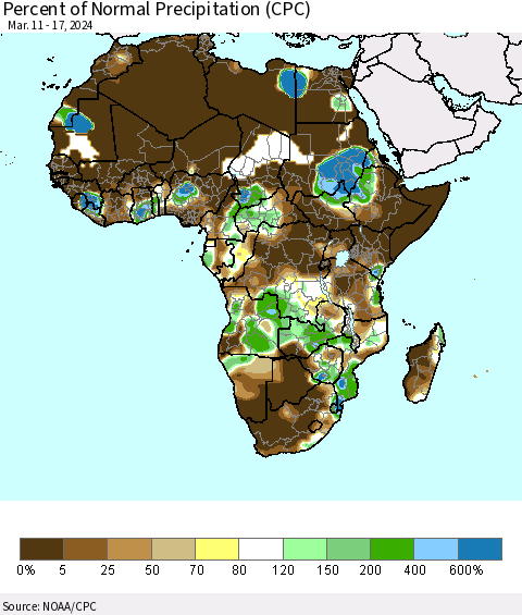 Africa Percent of Normal Precipitation (CPC) Thematic Map For 3/11/2024 - 3/17/2024