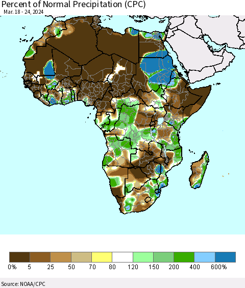 Africa Percent of Normal Precipitation (CPC) Thematic Map For 3/18/2024 - 3/24/2024