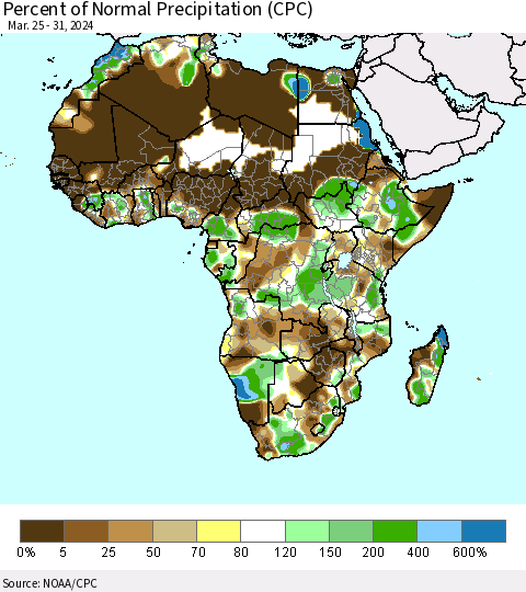 Africa Percent of Normal Precipitation (CPC) Thematic Map For 3/25/2024 - 3/31/2024
