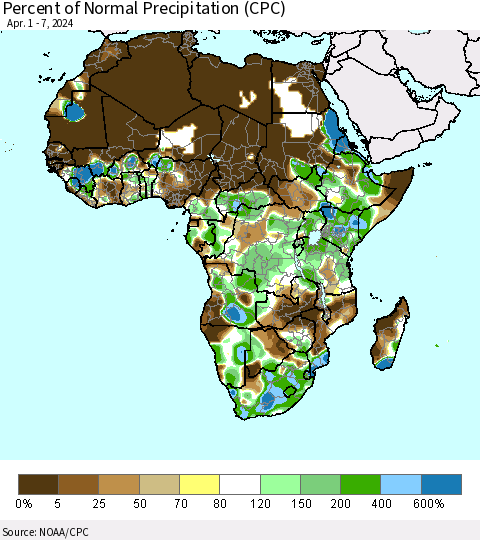 Africa Percent of Normal Precipitation (CPC) Thematic Map For 4/1/2024 - 4/7/2024