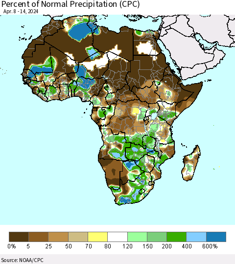 Africa Percent of Normal Precipitation (CPC) Thematic Map For 4/8/2024 - 4/14/2024