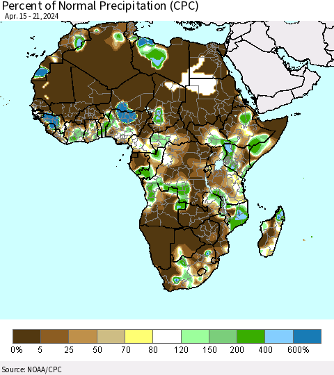 Africa Percent of Normal Precipitation (CPC) Thematic Map For 4/15/2024 - 4/21/2024
