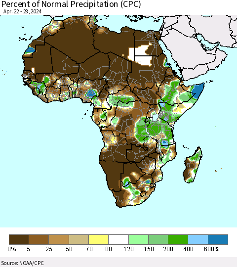 Africa Percent of Normal Precipitation (CPC) Thematic Map For 4/22/2024 - 4/28/2024