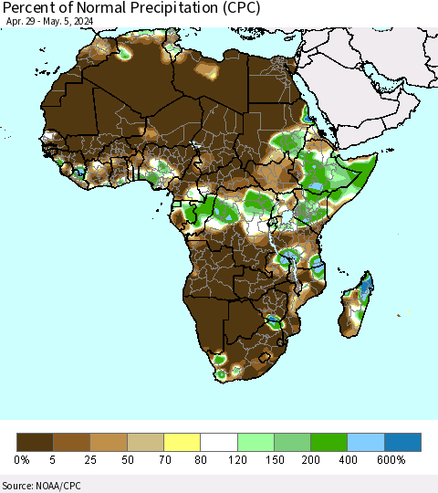 Africa Percent of Normal Precipitation (CPC) Thematic Map For 4/29/2024 - 5/5/2024