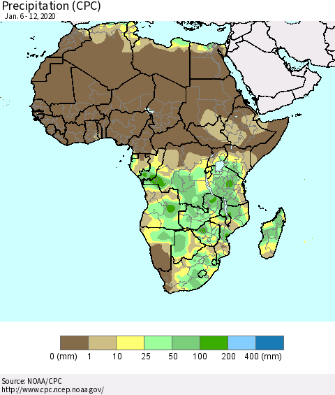 Africa Precipitation (CPC) Thematic Map For 1/6/2020 - 1/12/2020