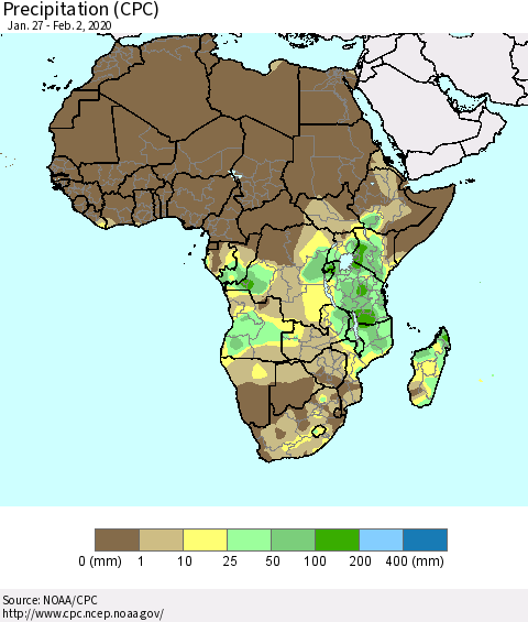 Africa Precipitation (CPC) Thematic Map For 1/27/2020 - 2/2/2020
