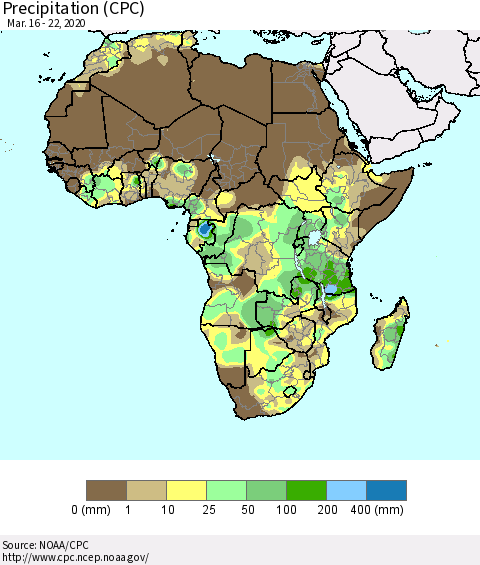 Africa Precipitation (CPC) Thematic Map For 3/16/2020 - 3/22/2020