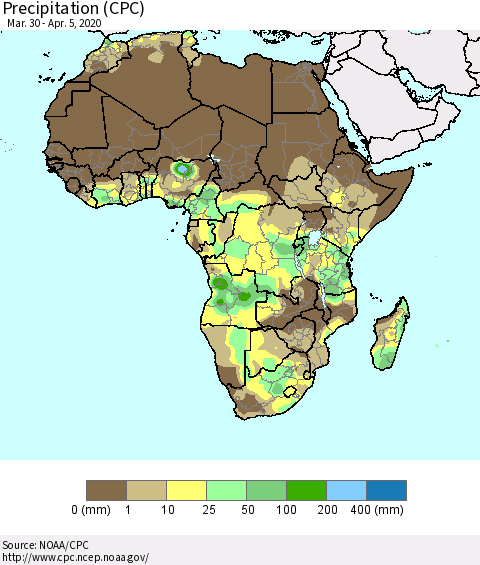 Africa Precipitation (CPC) Thematic Map For 3/30/2020 - 4/5/2020