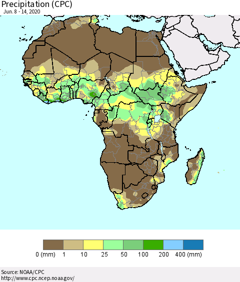 Africa Precipitation (CPC) Thematic Map For 6/8/2020 - 6/14/2020