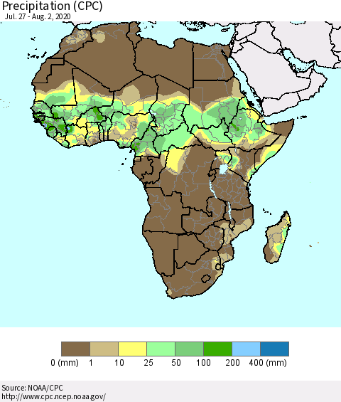 Africa Precipitation (CPC) Thematic Map For 7/27/2020 - 8/2/2020