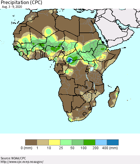 Africa Precipitation (CPC) Thematic Map For 8/3/2020 - 8/9/2020
