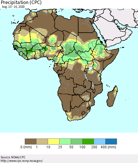 Africa Precipitation (CPC) Thematic Map For 8/10/2020 - 8/16/2020