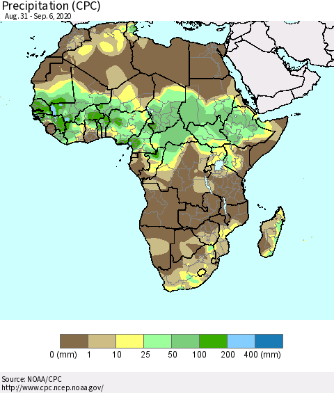Africa Precipitation (CPC) Thematic Map For 8/31/2020 - 9/6/2020