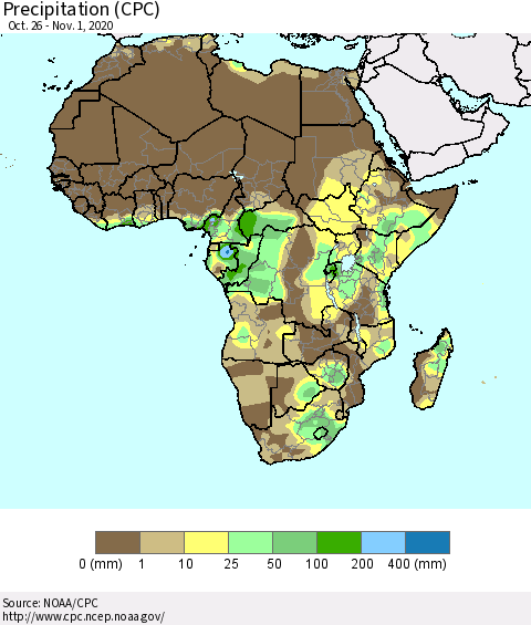 Africa Precipitation (CPC) Thematic Map For 10/26/2020 - 11/1/2020